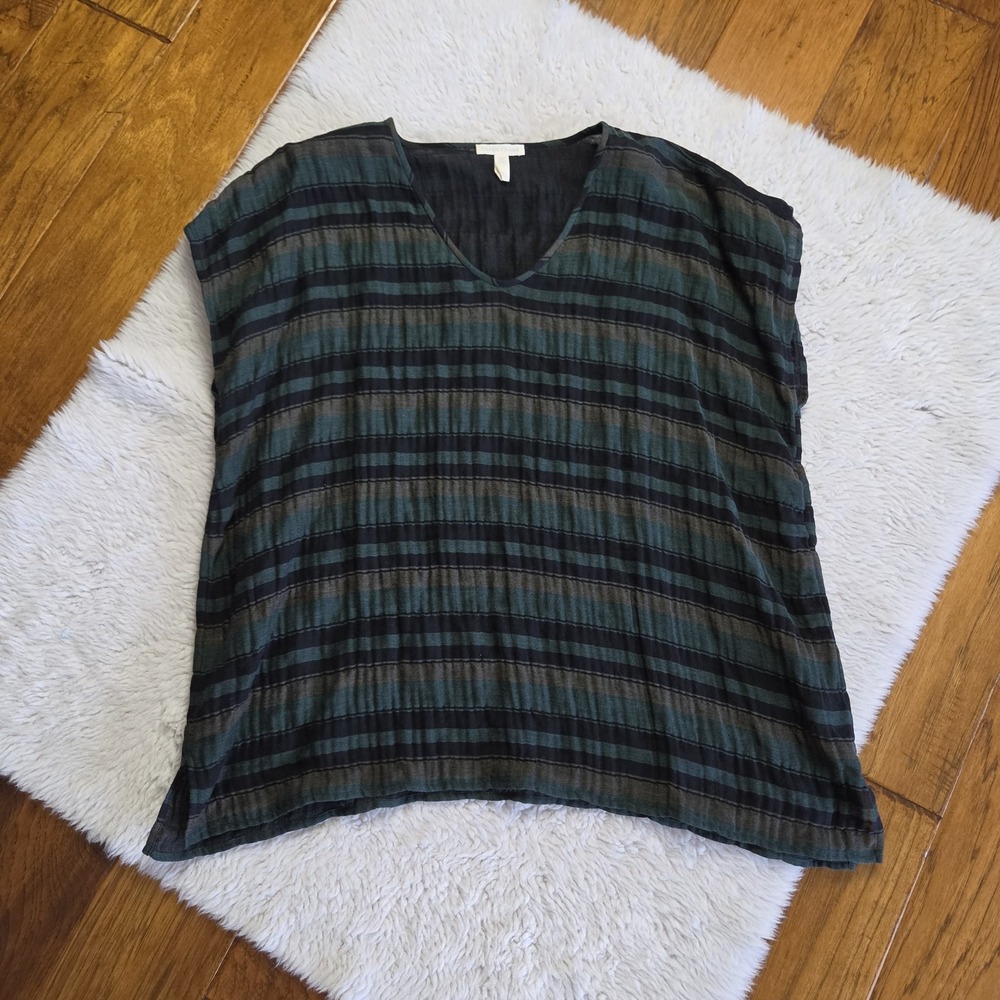 Eileen Fisher Gauze Top Shirt Women's L/XL Striped Short Sleeve Organic Cotton